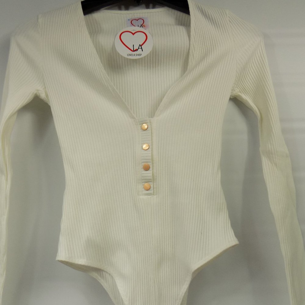 LoveLA Brenda Snap Button Long Sleeve V-Neck Bodysuit Size S - Picture 2 of 10